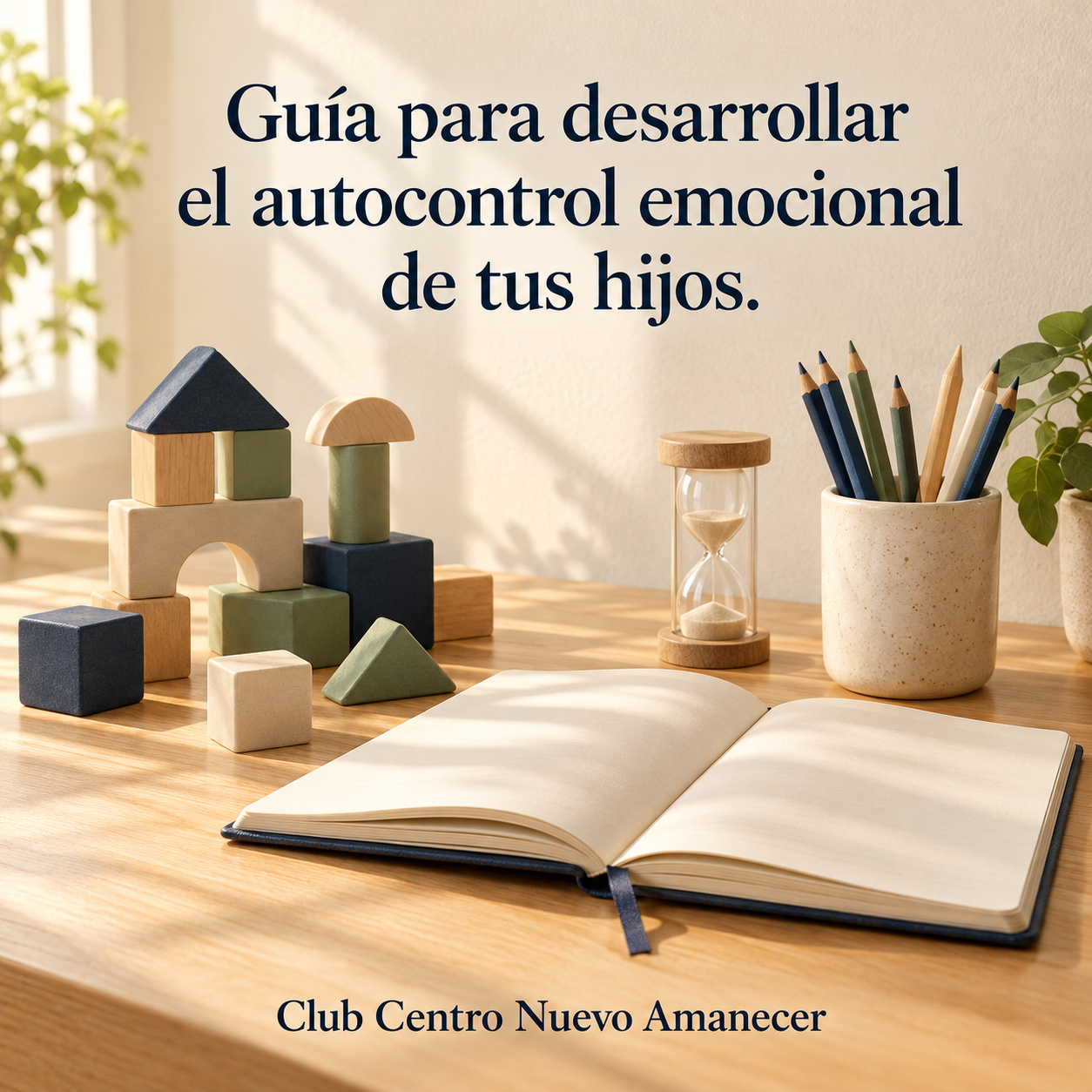Ilustración conceptual creada con IA: cuaderno abierto, bloques de madera, reloj de arena y lápices. No es material ni resultado del curso.