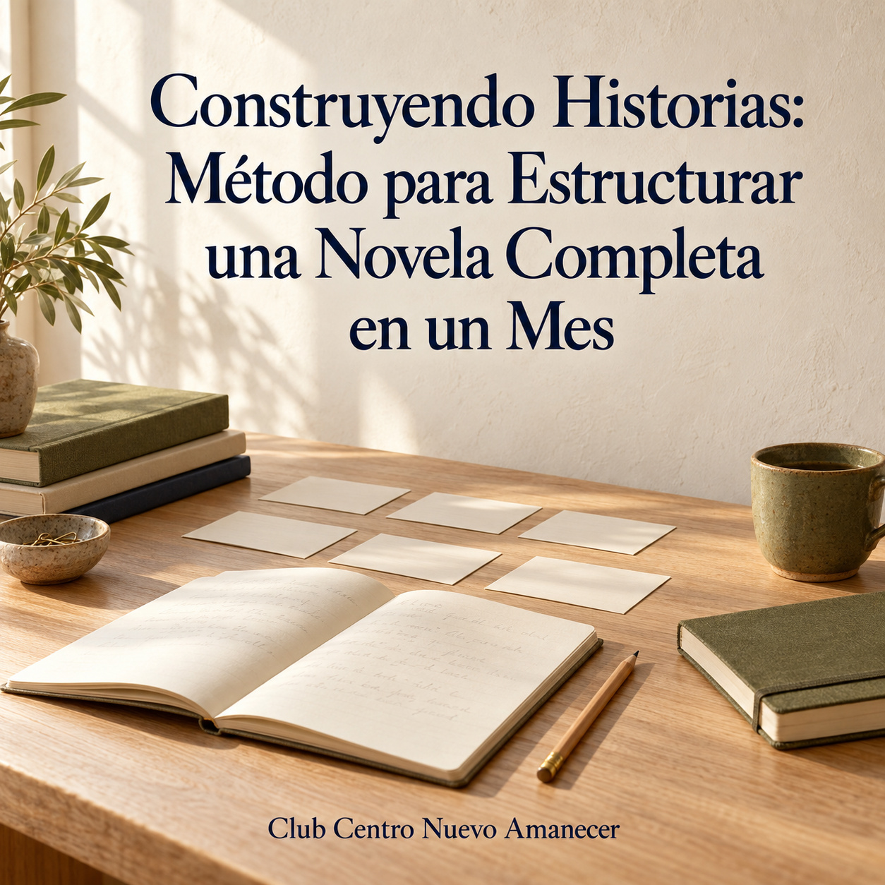 Cuaderno de escritura y tarjetas para organizar una historia sobre una mesa.