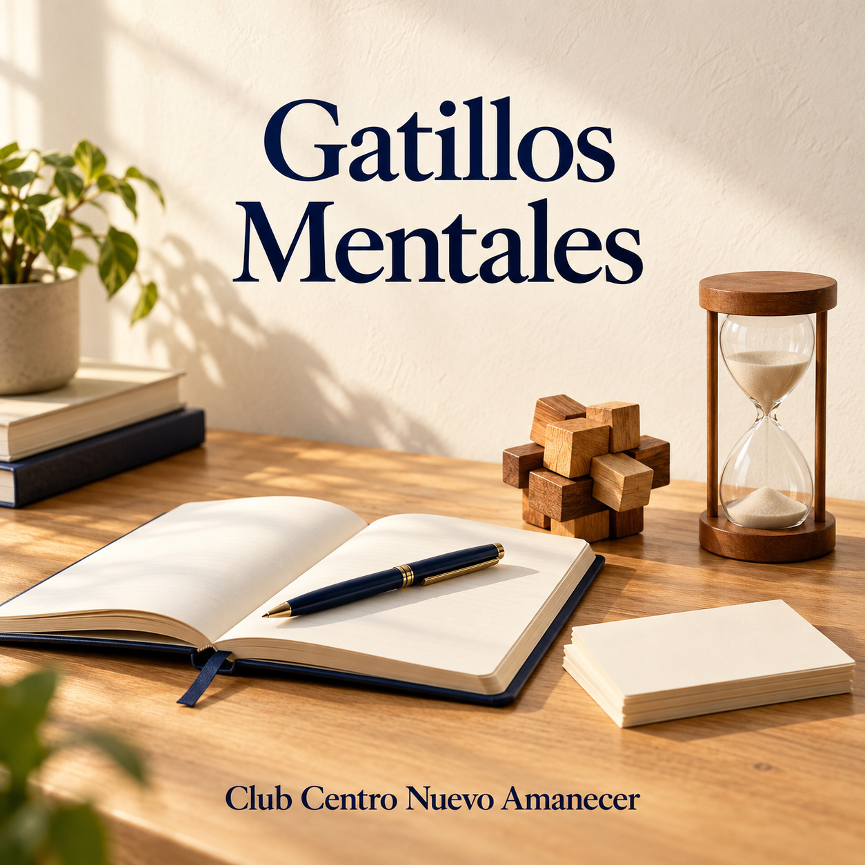 Ilustración conceptual creada con IA: cuaderno abierto, bolígrafo, reloj de arena y rompecabezas de madera. No es material ni resultado del curso.