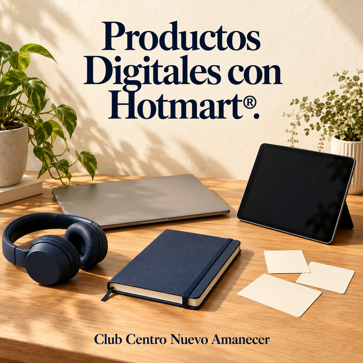 Ilustración conceptual creada con IA: portátil cerrado, tableta, auriculares y cuaderno con tarjetas en blanco. No es material ni resultado del curso.