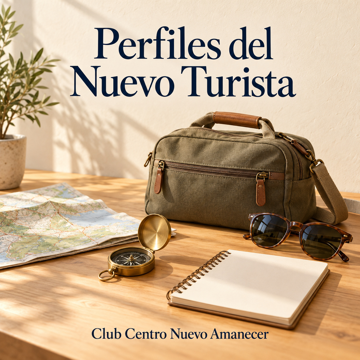Ilustración conceptual creada con IA: bolso de viaje, mapa, brújula, gafas de sol y cuaderno. No es material ni resultado del curso.
