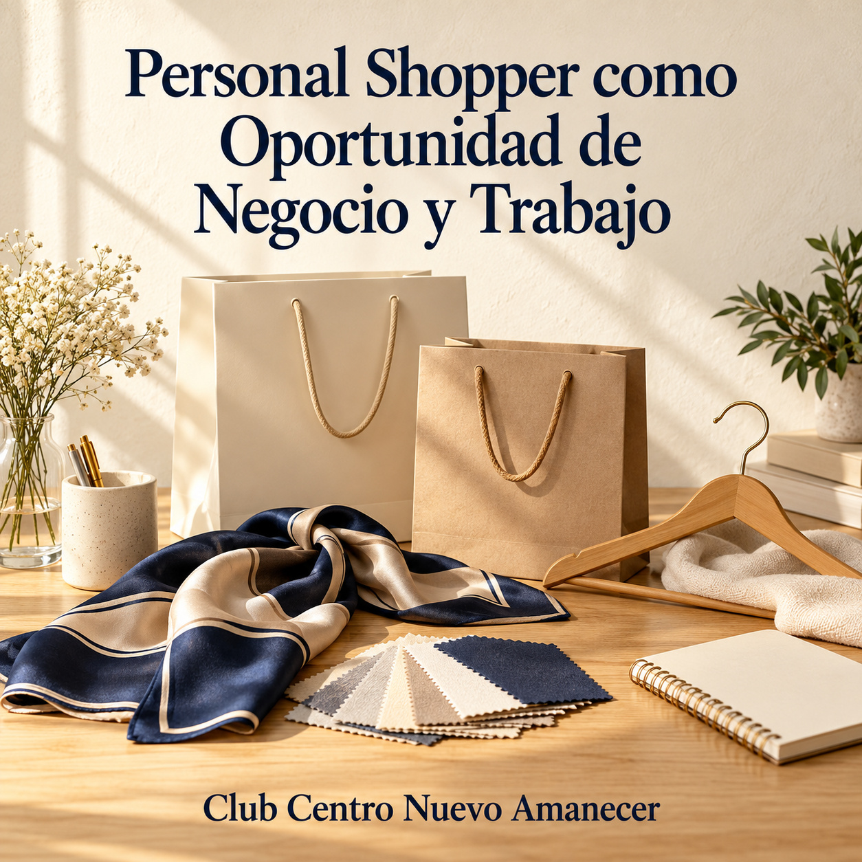 Ilustración conceptual creada con IA: bolsas de compras, pañuelo, muestras de tela, percha y cuaderno. No es material ni resultado del curso.