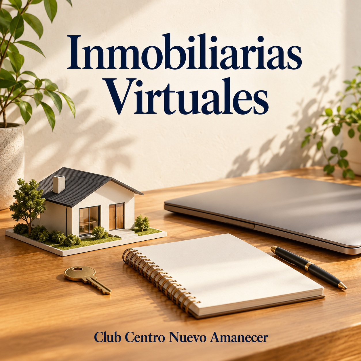 Ilustración conceptual creada con IA: maqueta de casa, llave, computadora portátil cerrada y cuaderno. No es material ni resultado del curso.