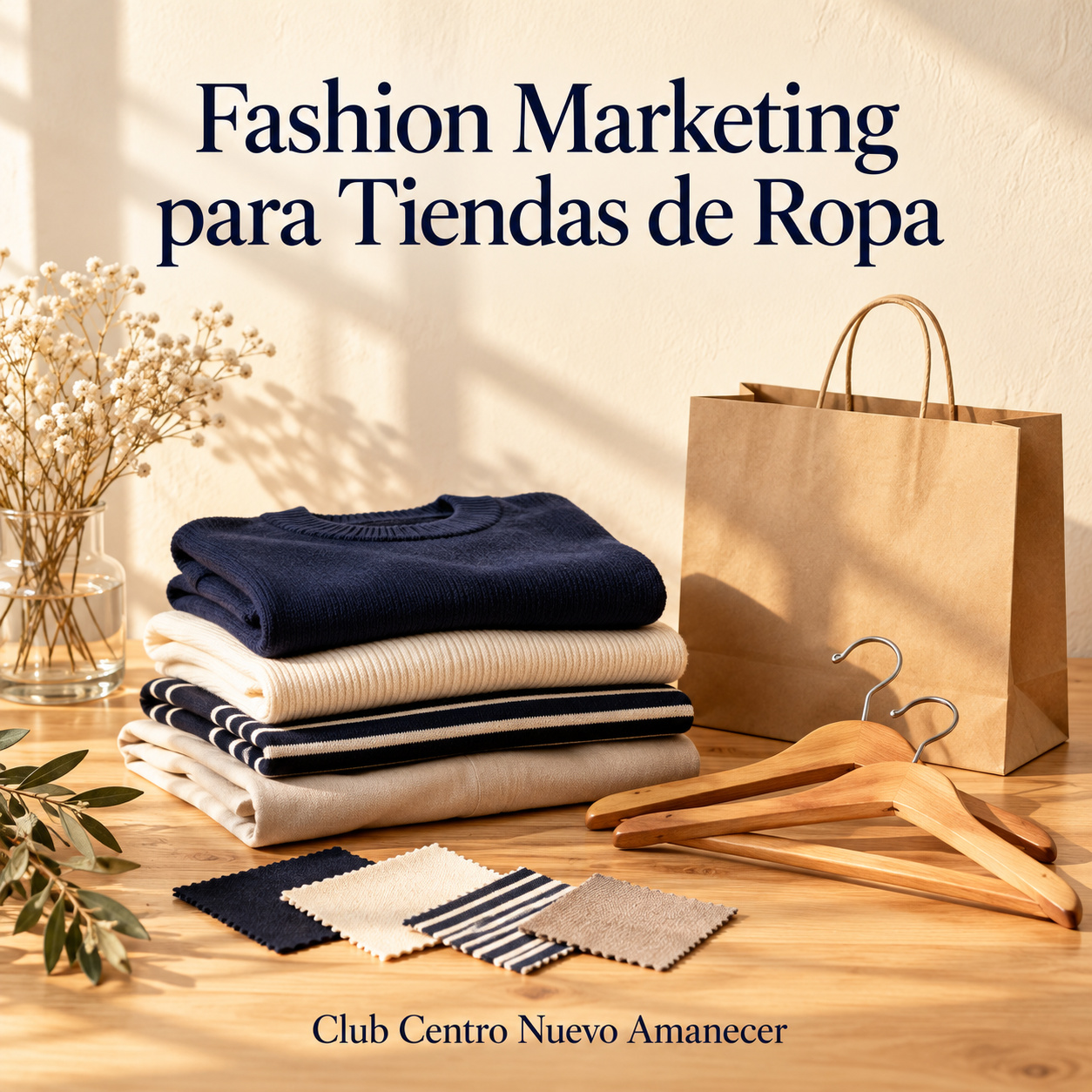 Ilustración conceptual creada con IA: prendas dobladas, perchas, muestras de tela y bolsa de papel. No es material ni resultado del curso.