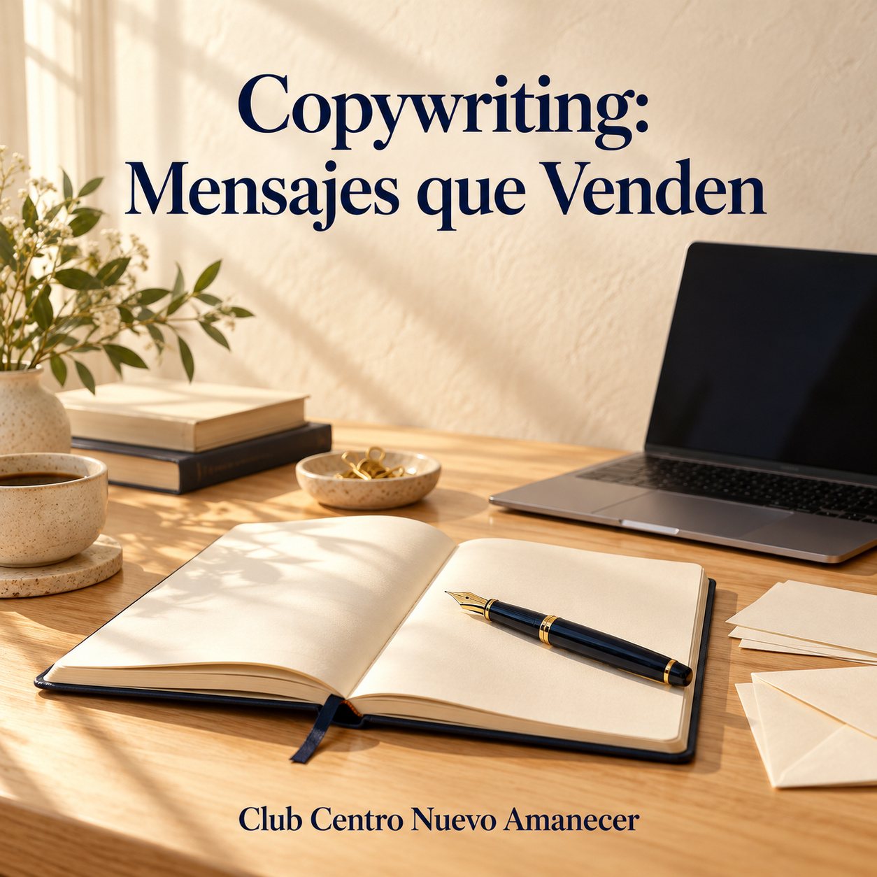 Ilustración conceptual creada con IA: cuaderno abierto, bolígrafo y computadora portátil sobre una mesa. No es material ni resultado del curso.