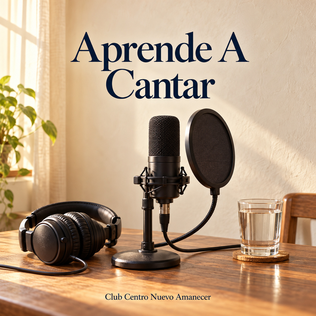 Ilustración conceptual creada con IA: Micrófono, auriculares y un vaso de agua sobre una mesa. No es material ni resultado del curso.