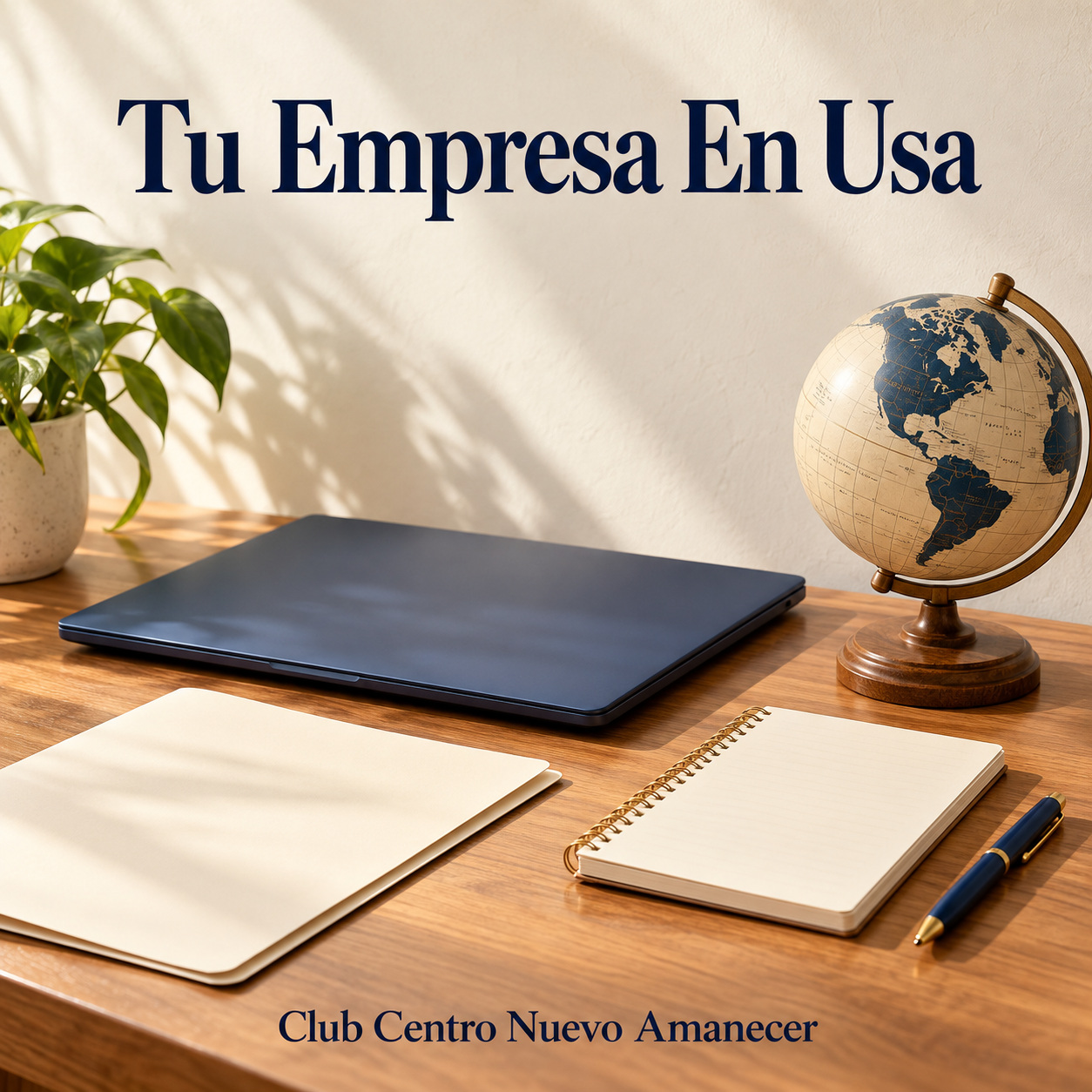 Ilustración conceptual creada con IA: portátil cerrado, globo terráqueo, carpeta y cuaderno sobre una mesa. No es material ni resultado del curso.