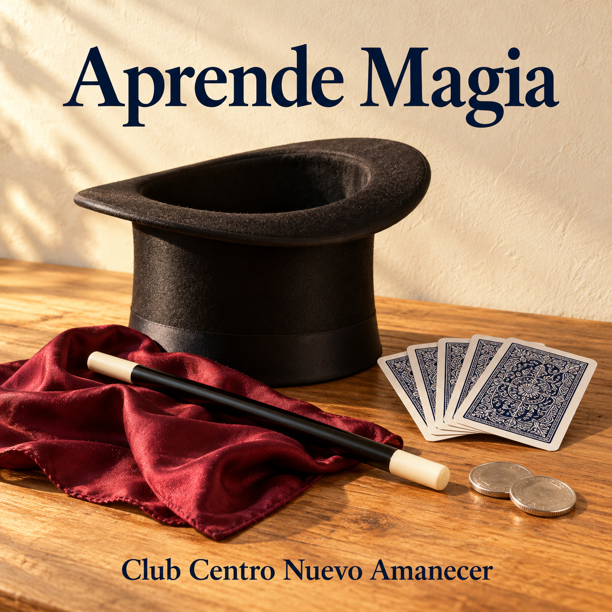 Ilustración conceptual creada con IA: Sombrero de copa, baraja, varita y monedas sobre una mesa. No es material ni resultado del curso.