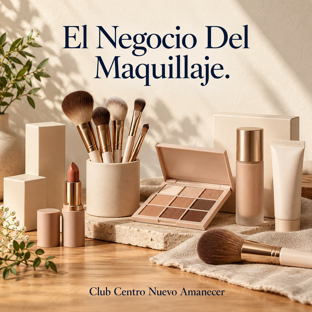 Ilustración conceptual creada con IA: brochas, paleta de sombras, lápiz labial y envases de maquillaje. No es material ni resultado del curso.