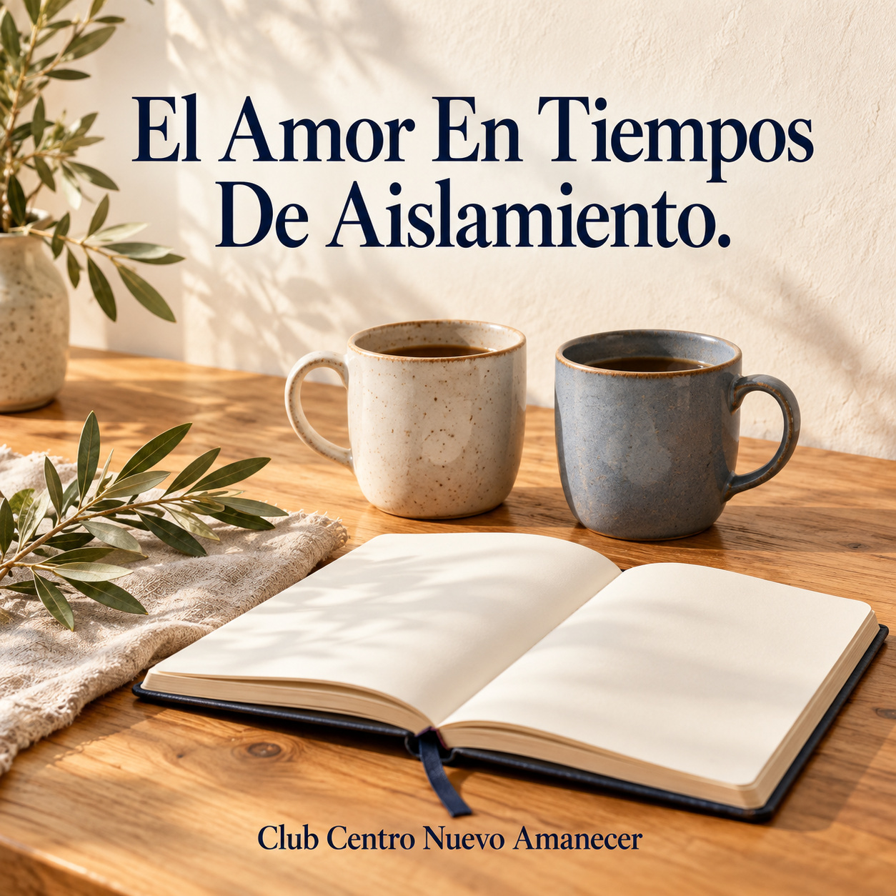 Ilustración conceptual creada con IA: dos tazas y un cuaderno abierto sobre una mesa de madera. No es material ni resultado del curso.