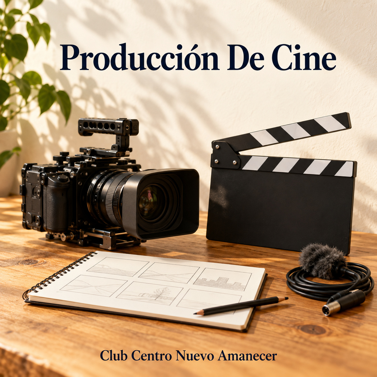 Ilustración conceptual creada con IA: cámara de cine, claqueta, cuaderno de bocetos y micrófono. No es material ni resultado del curso.