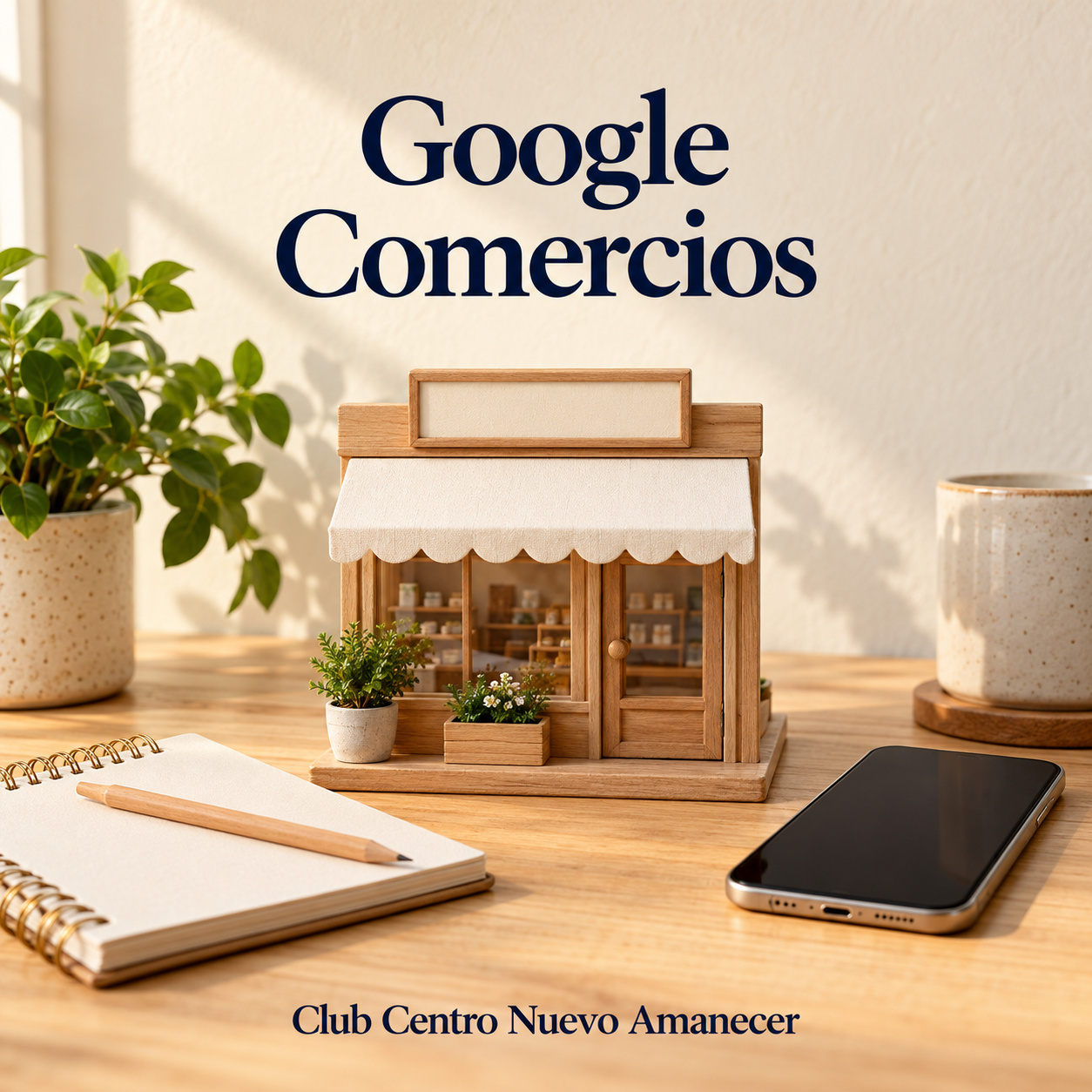 Ilustración conceptual creada con IA: maqueta de tienda, cuaderno, lápiz y teléfono sobre una mesa. No es material ni resultado del curso.