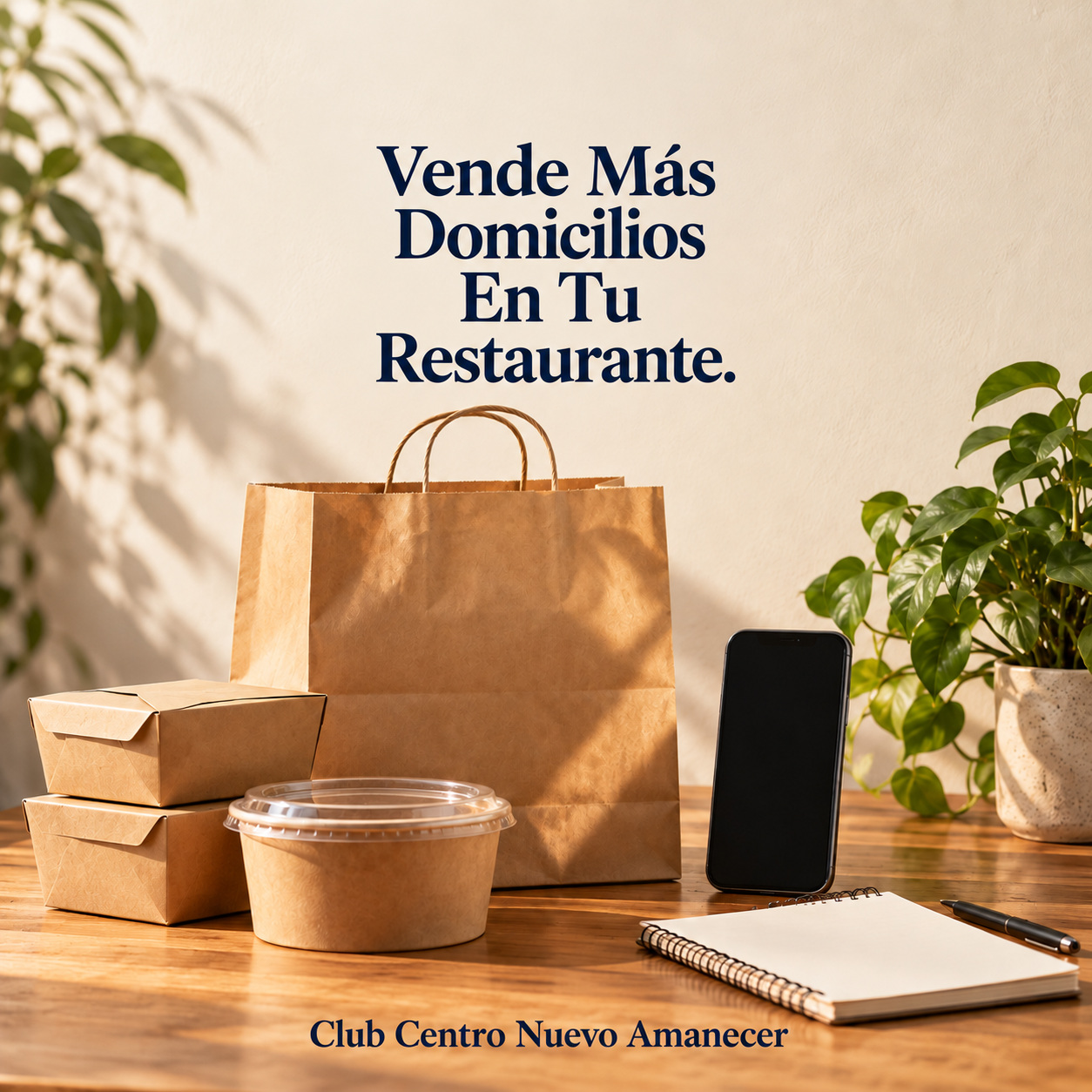 Ilustración conceptual creada con IA: bolsa de papel, envases para llevar, celular y cuaderno sobre una mesa. No es material ni resultado del curso.