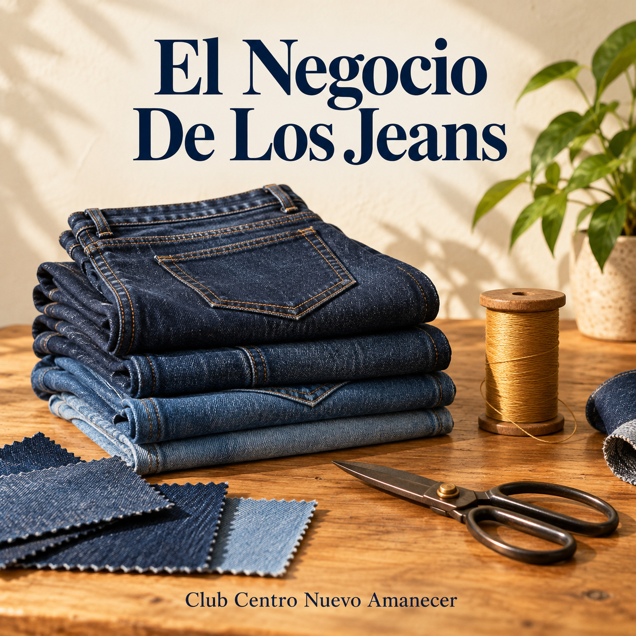 Ilustración conceptual creada con IA: jeans doblados, muestras de tela vaquera, carrete de hilo y tijeras. No es material ni resultado del curso.