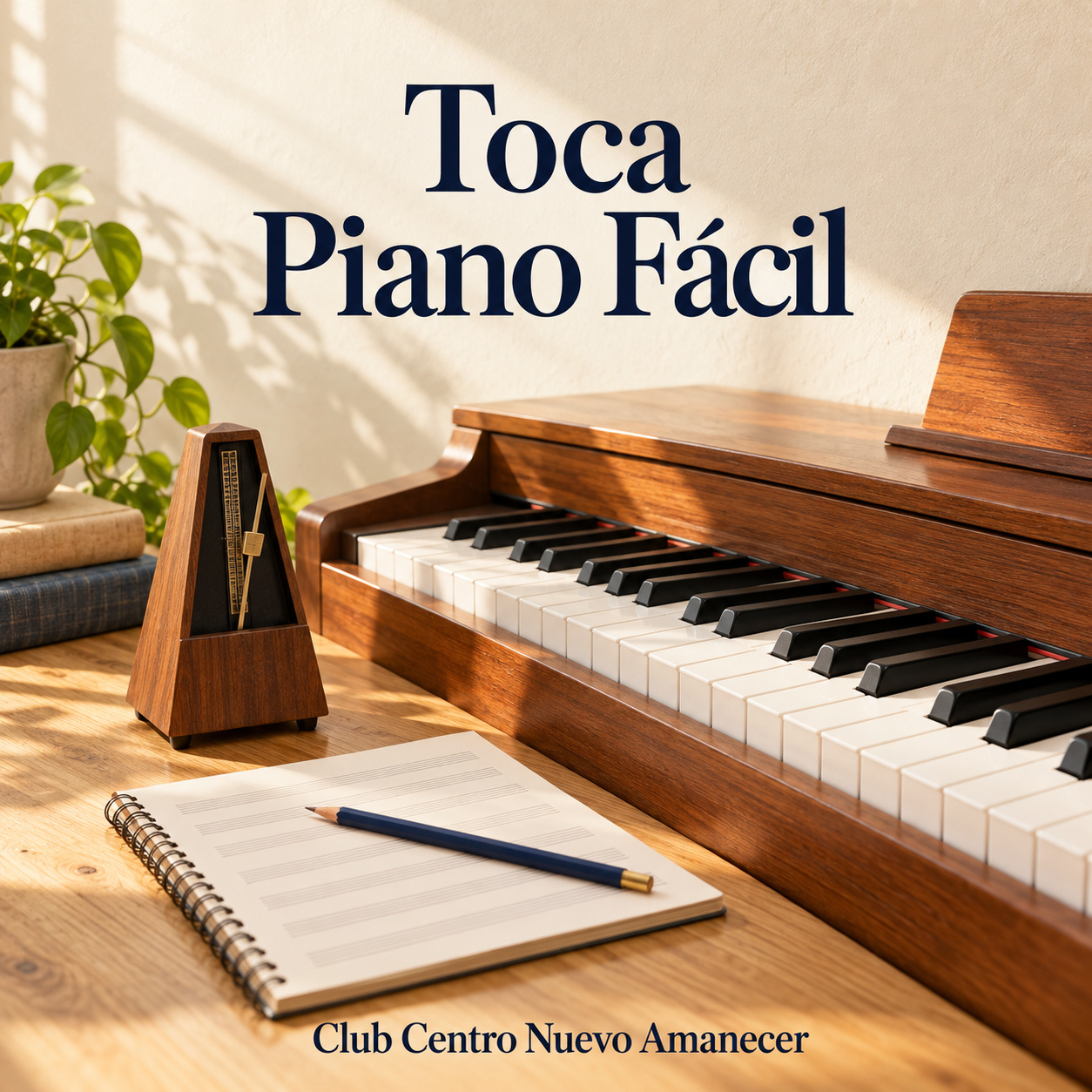 Ilustración conceptual creada con IA: teclado de piano, metrónomo y cuaderno pautado con lápiz. No es material ni resultado del curso.