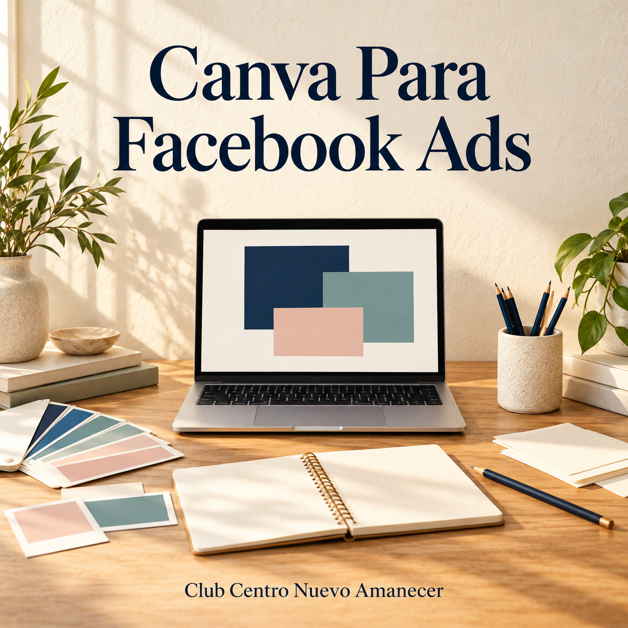 Ilustración conceptual creada con IA: Portátil con figuras de colores, muestras de color y cuadernos. No es material ni resultado del curso.