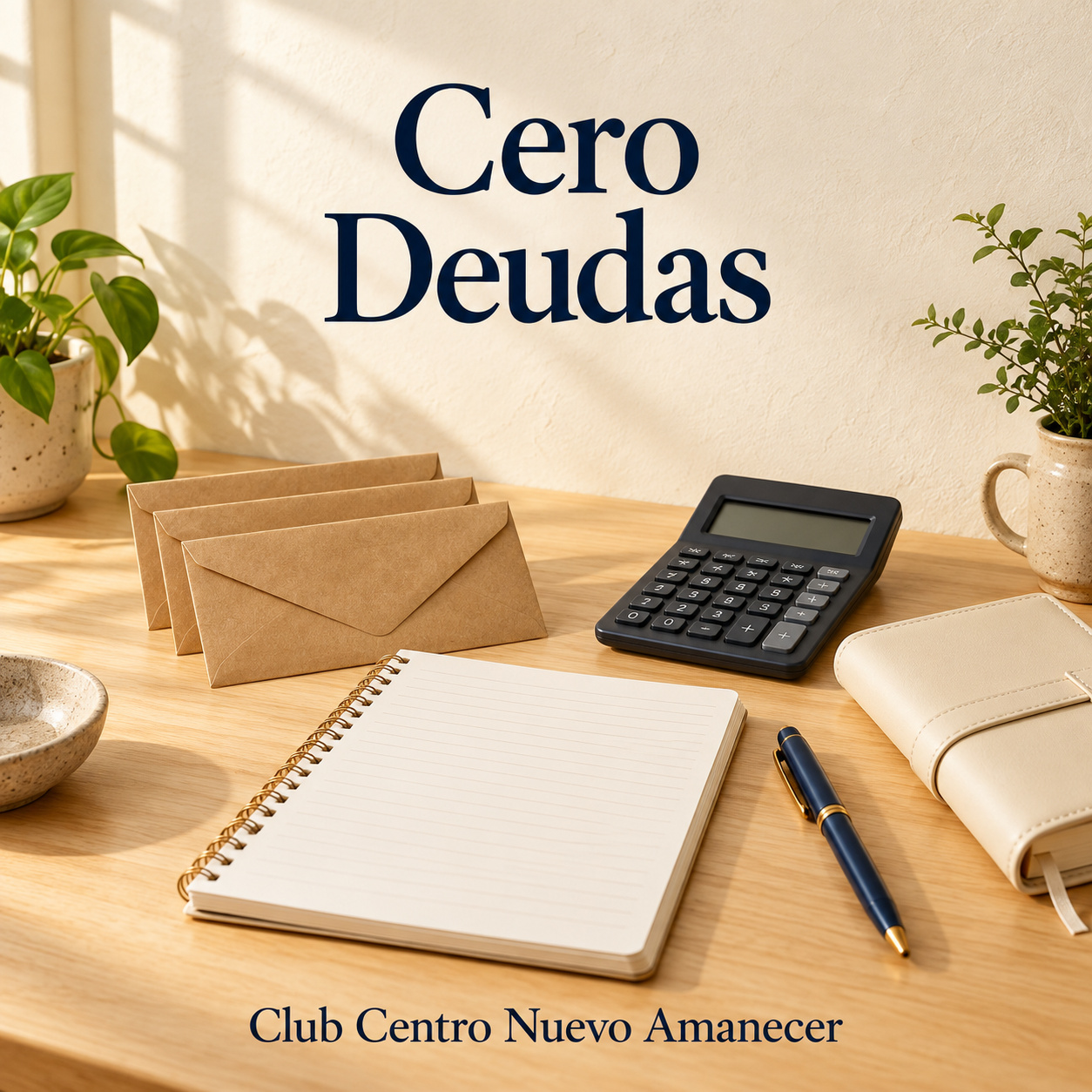 Ilustración conceptual creada con IA: cuaderno en blanco, calculadora, sobres y bolígrafo sobre una mesa. No es material ni resultado del curso.