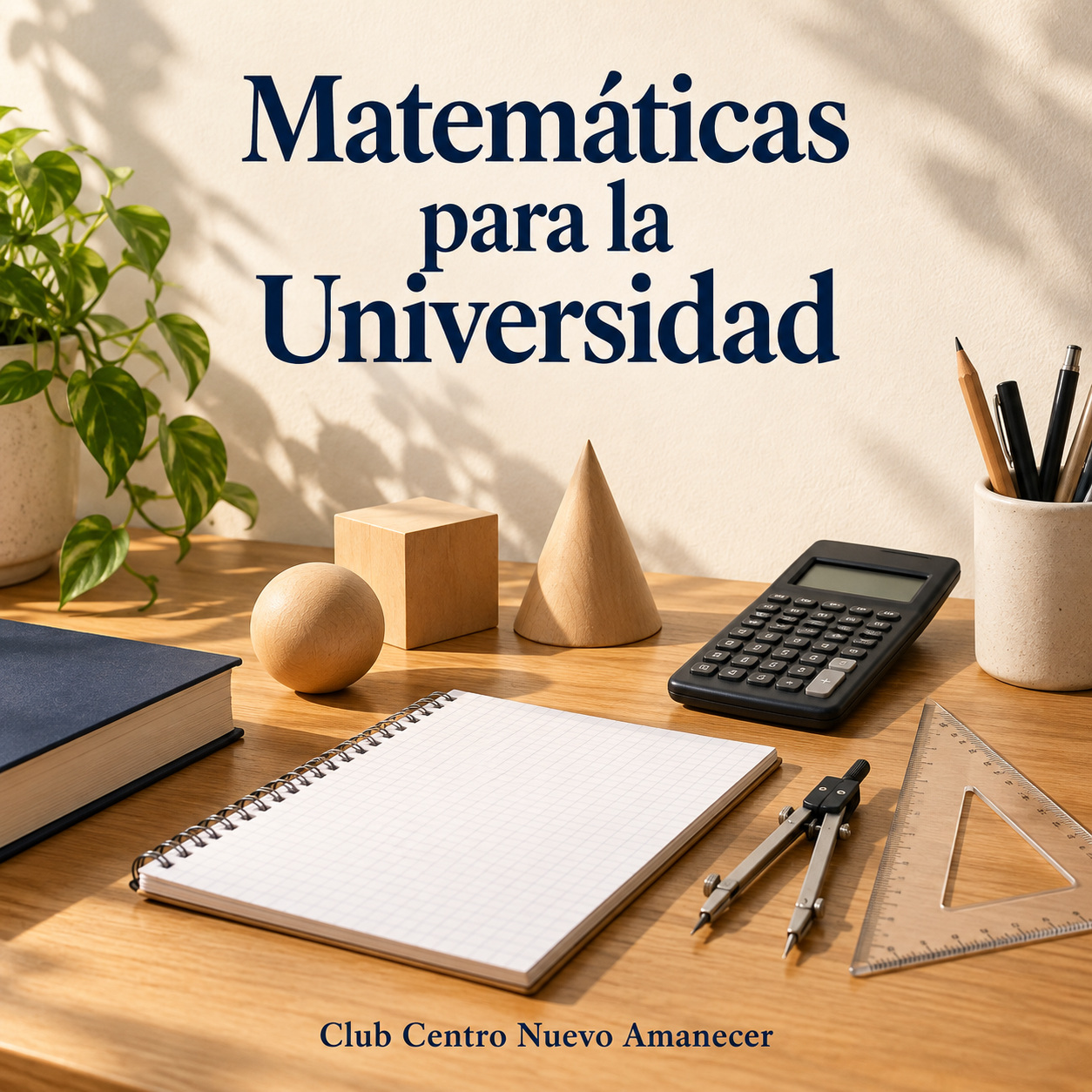 Ilustración conceptual creada con IA: cuaderno, calculadora, compás, escuadra y sólidos geométricos de madera. No es material ni resultado del curso.