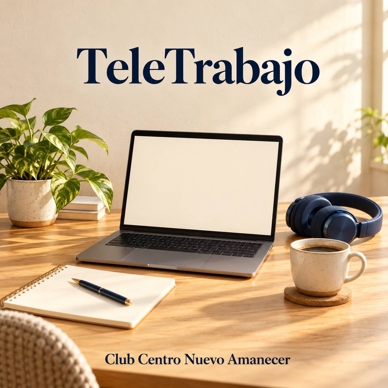 Ilustración conceptual creada con IA: portátil de pantalla clara, auriculares, taza y cuaderno sobre un escritorio. No es material ni resultado del curso.