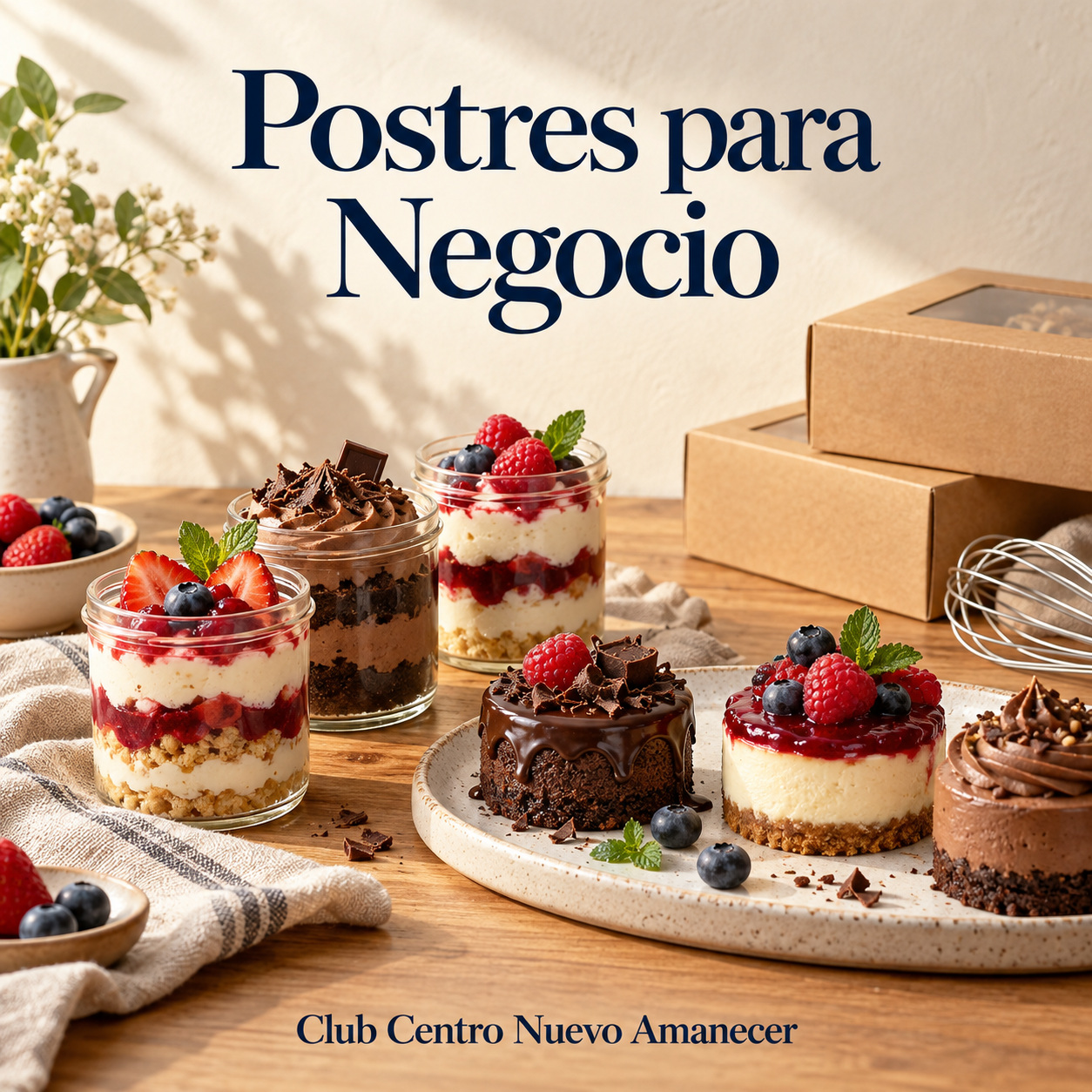 Ilustración conceptual creada con IA: postres en vasos y pequeñas tartas con frutas junto a cajas de cartón. No es material ni resultado del curso.