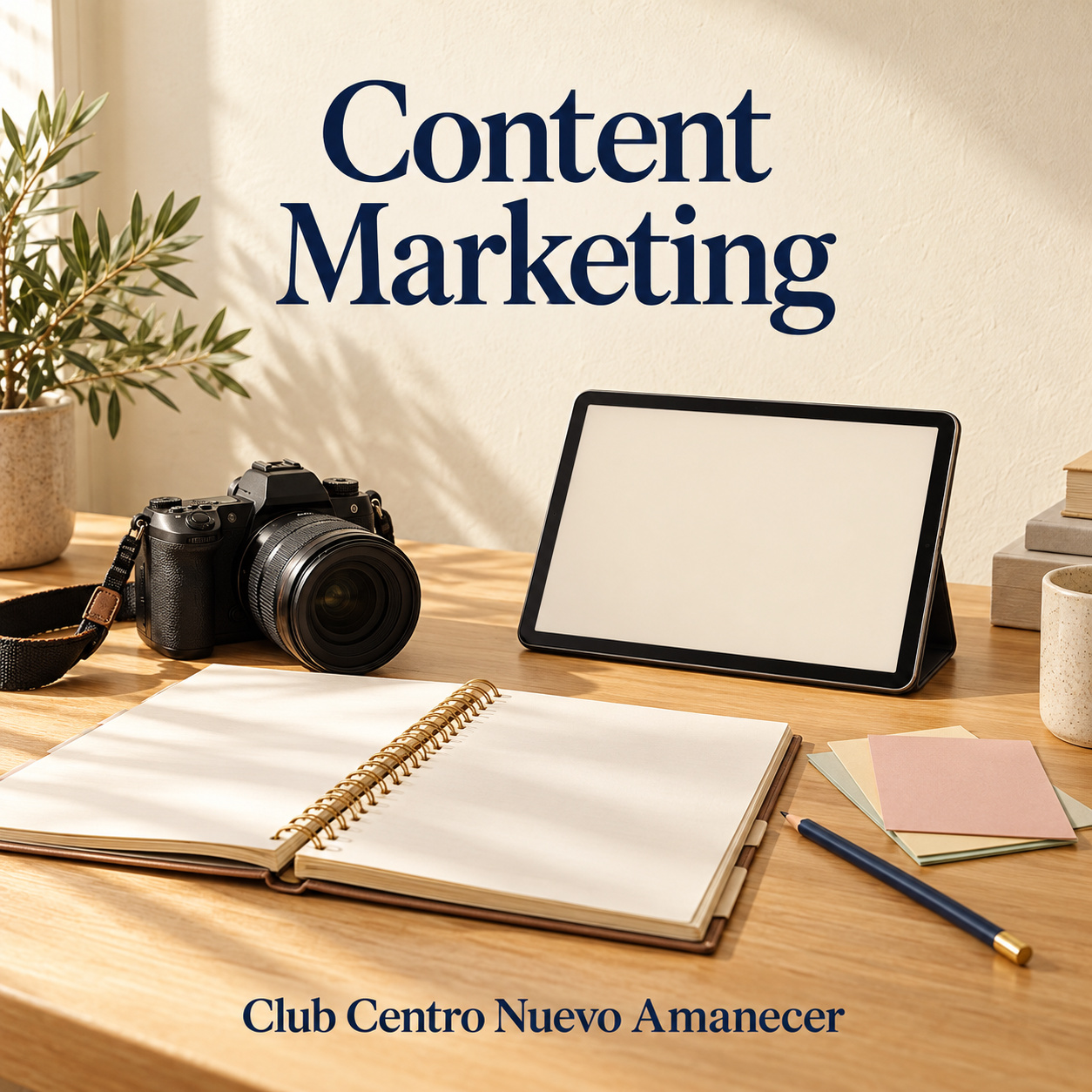 Ilustración conceptual creada con IA: cámara fotográfica, tableta con pantalla clara y cuadernos abiertos. No es material ni resultado del curso.