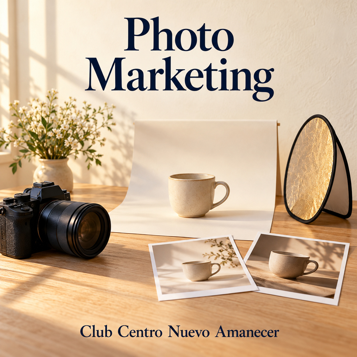 Ilustración conceptual creada con IA: cámara, reflector y fotografías de una taza sobre un fondo claro. No es material ni resultado del curso.