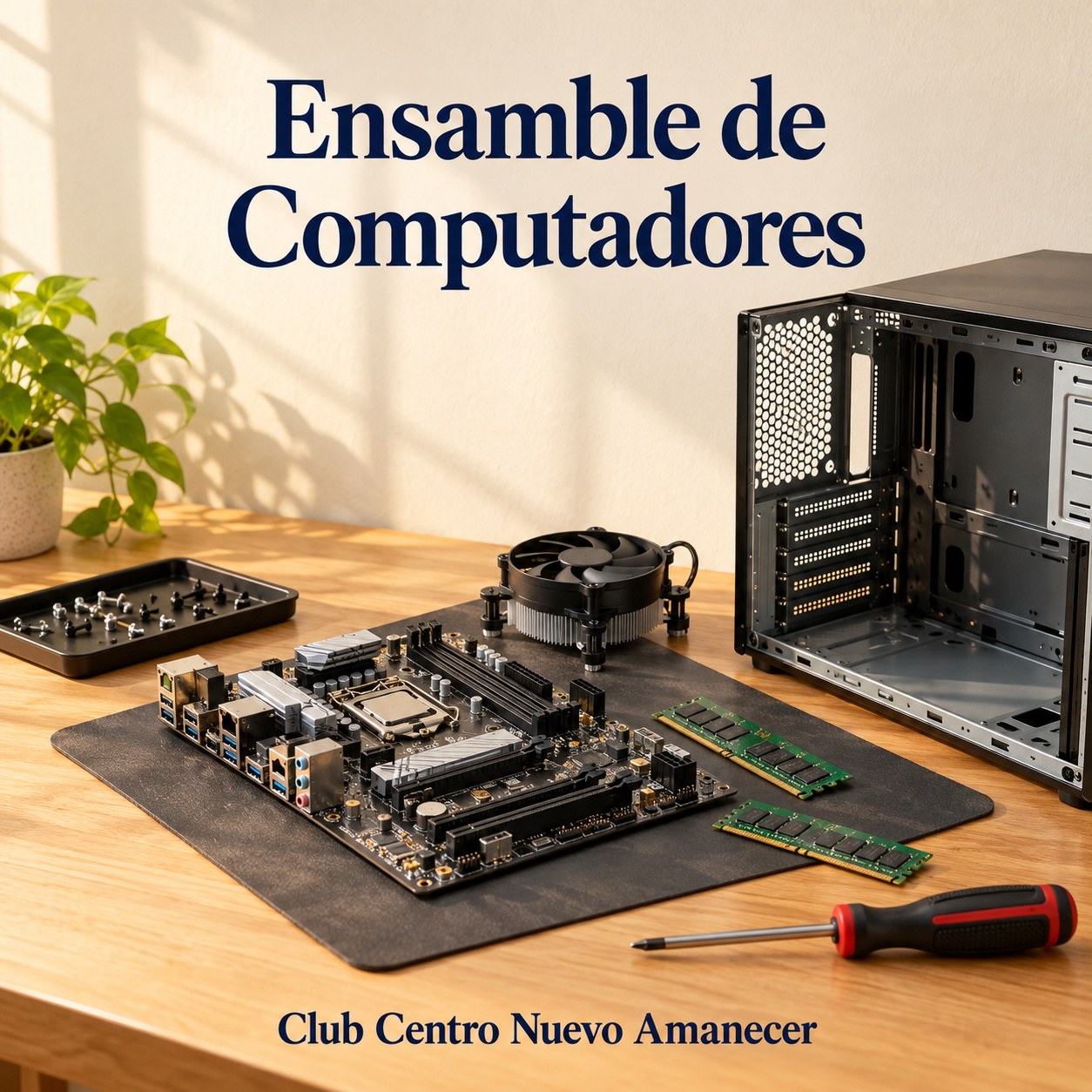 Ilustración conceptual creada con IA: gabinete abierto, placa base, ventilador, módulos de memoria y destornillador. No es material ni resultado del curso.