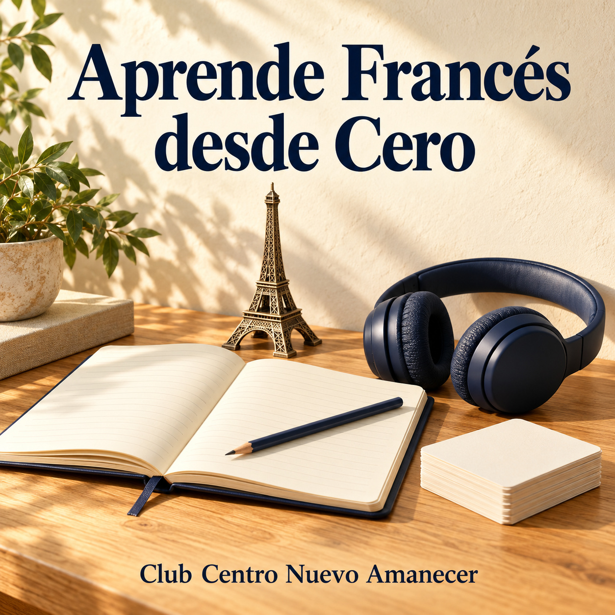 Ilustración conceptual creada con IA: Cuaderno, tarjetas de estudio, auriculares y una miniatura de la Torre Eiffel. No es material ni resultado del curso.