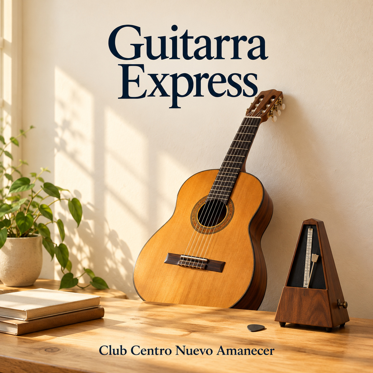 Ilustración conceptual creada con IA: guitarra acústica, metrónomo y púa sobre una mesa de madera. No es material ni resultado del curso.