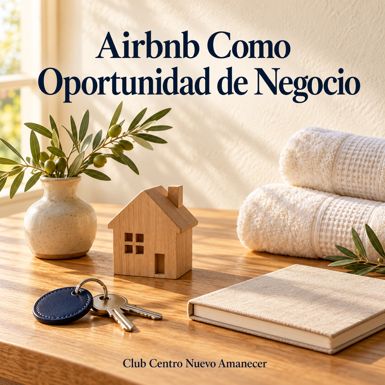 Ilustración conceptual creada con IA: Llaves, una casa en miniatura, cuaderno y toallas. No es material ni resultado del curso.