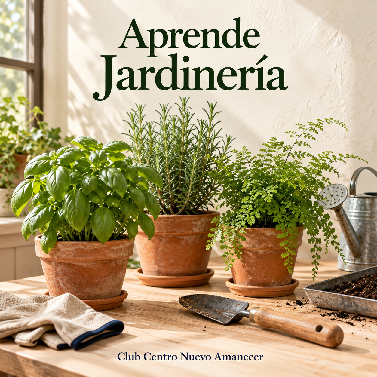 Plantas en macetas de terracota junto a herramientas de jardinería.