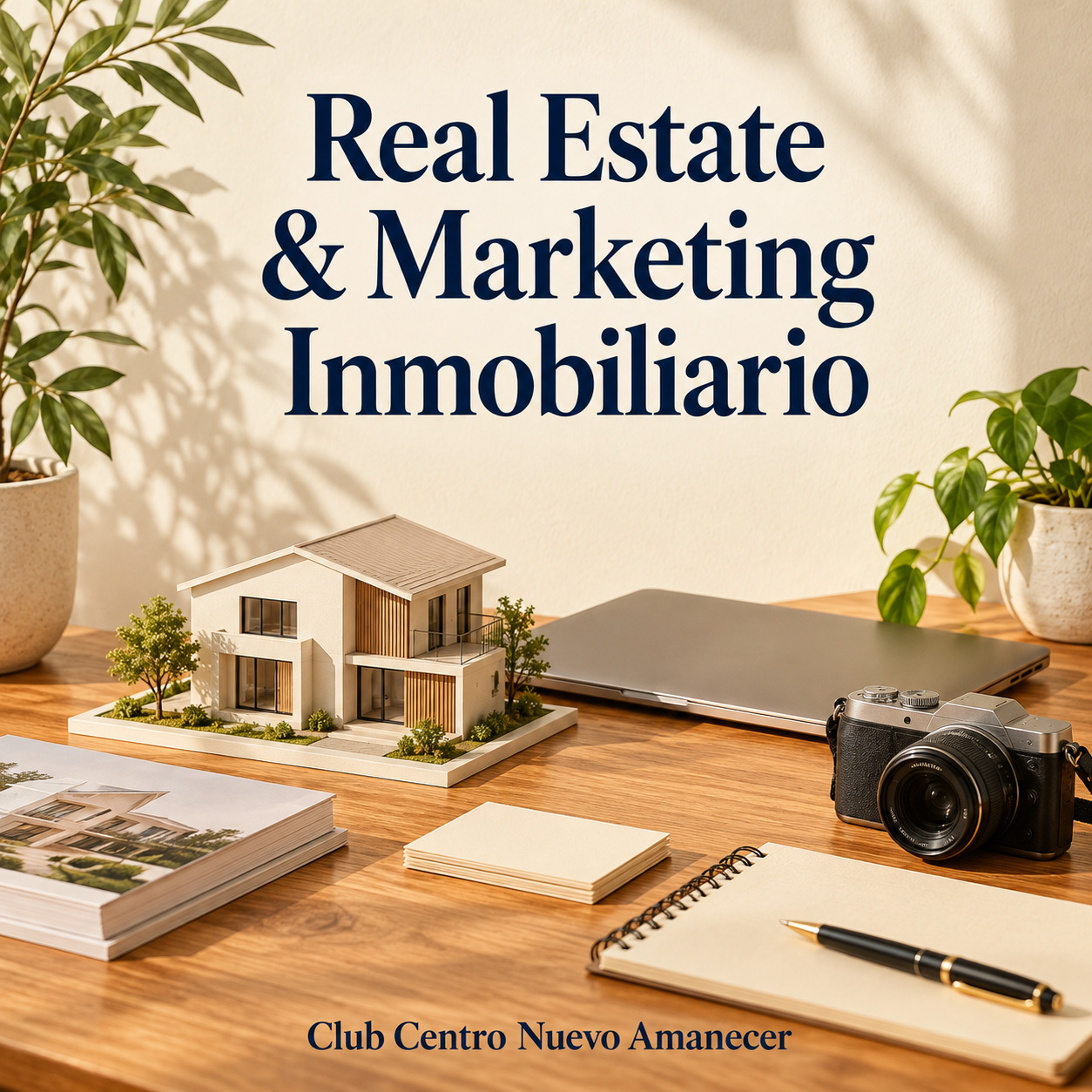 Ilustración conceptual creada con IA: maqueta de una vivienda, cámara, portátil cerrado y cuaderno. No es material ni resultado del curso.