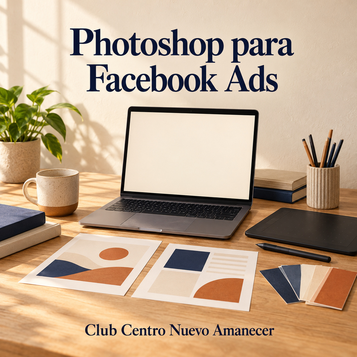 Ilustración conceptual creada con IA: portátil, tableta gráfica y muestras impresas de diseños geométricos y colores. No es material ni resultado del curso.