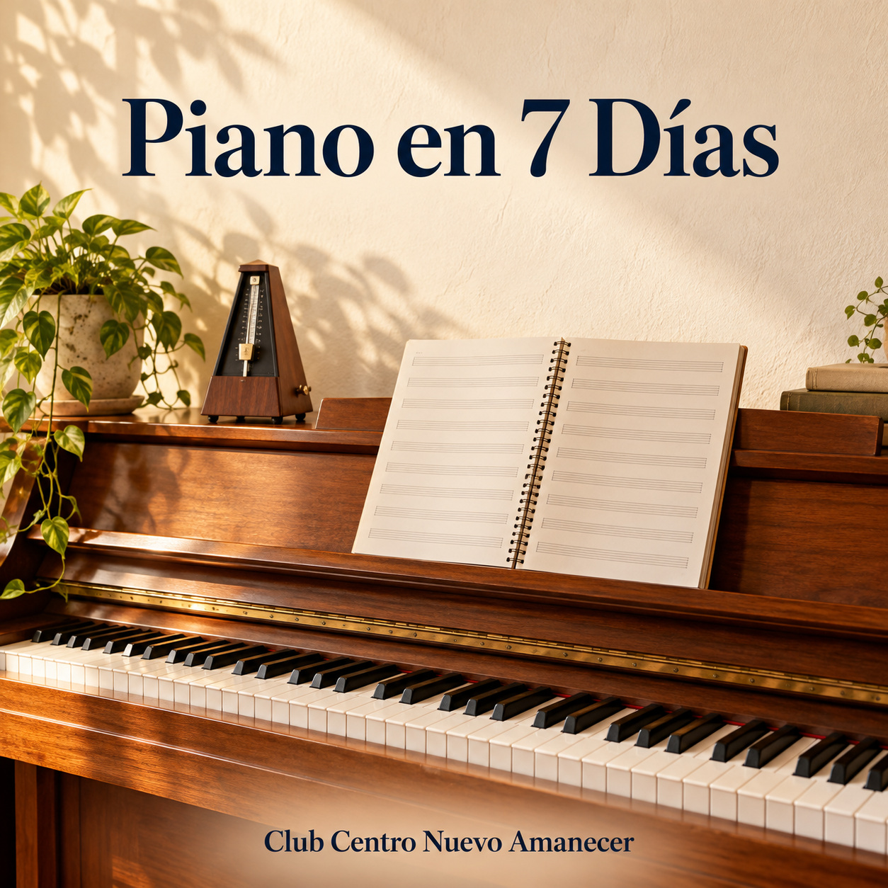 Ilustración conceptual creada con IA: piano de madera con cuaderno pautado y metrónomo. No es material ni resultado del curso.