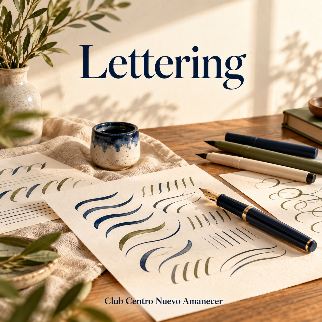Pluma, rotuladores y hojas con trazos caligráficos sobre una mesa.