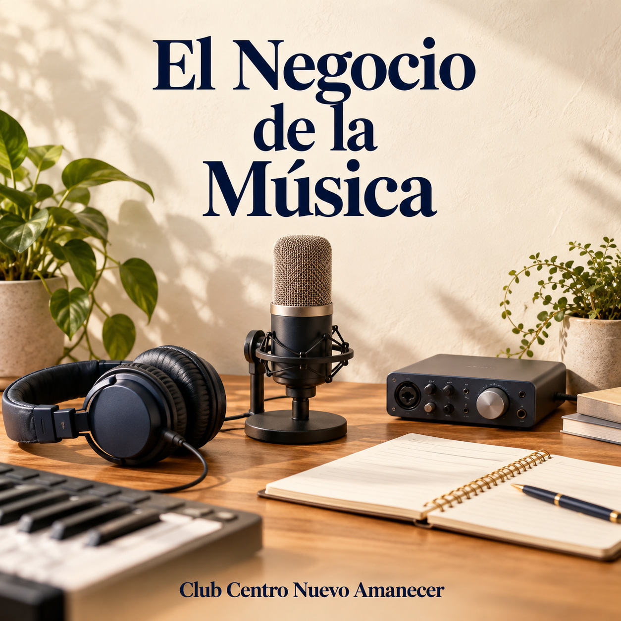 Ilustración conceptual creada con IA: micrófono, auriculares, interfaz de audio, teclado y cuaderno. No es material ni resultado del curso.