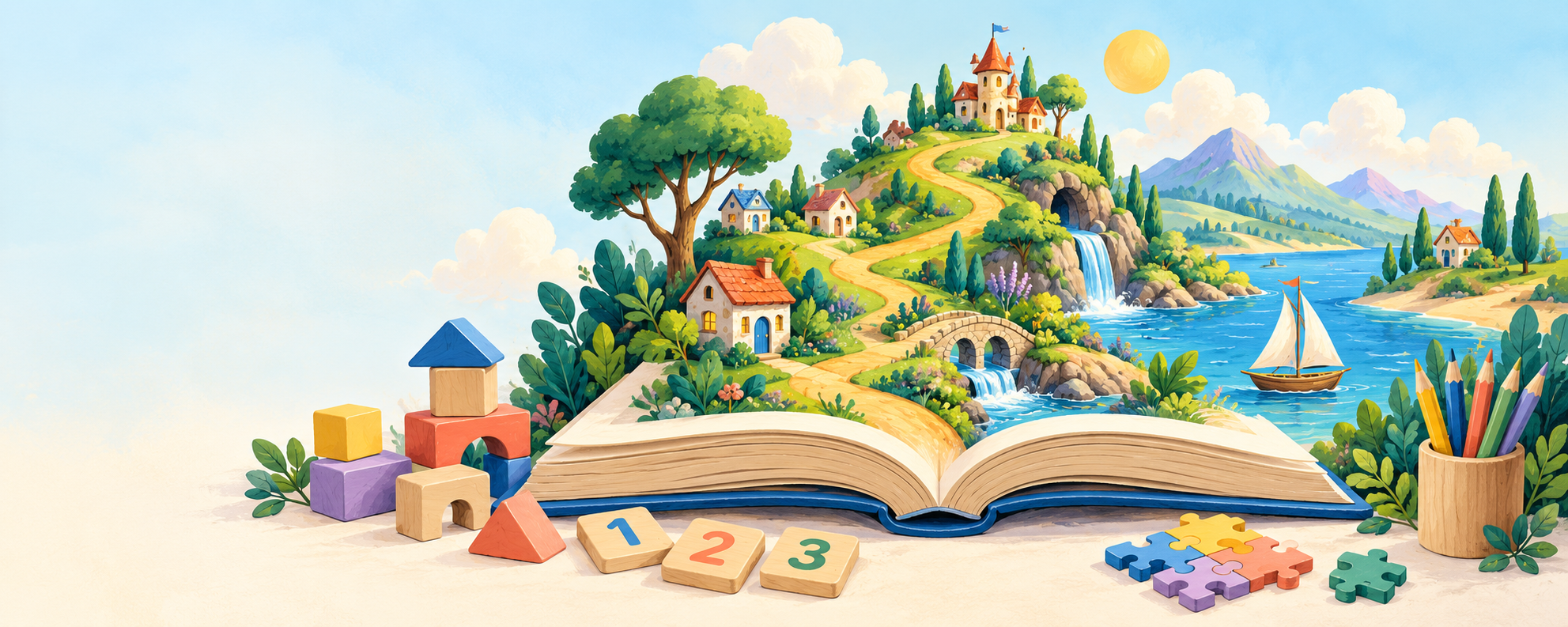 Libro abierto con un castillo, un paisaje de aventuras, bloques de colores y lápices